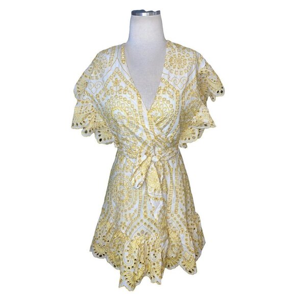MINKPINK Whilma Wrap Mini Dress in Yellow Small New Eyelet - Picture 5 of 11